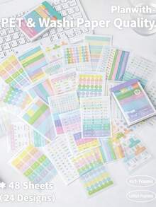 48pcs (24 Designs) Macaron PET Washi Index Sticky Notes, Multi-Line Frame Classification Marker Stickers, INS Stationery, Student Planner, Book Divider, Office Index Tabs - Multicolor - View 4