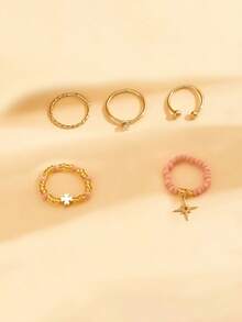 5pcs Fashion Sweet Pink & Orange Beaded Ring Set, Daily Versatile Star Pendant Gold Wire Braided Open Stackable Rings, Suitable For Women's Daily Wear, Outings, Fashion Layering Rings, Perfect For Summer Beach Vacation, Summer Style - Multicolor - View 4