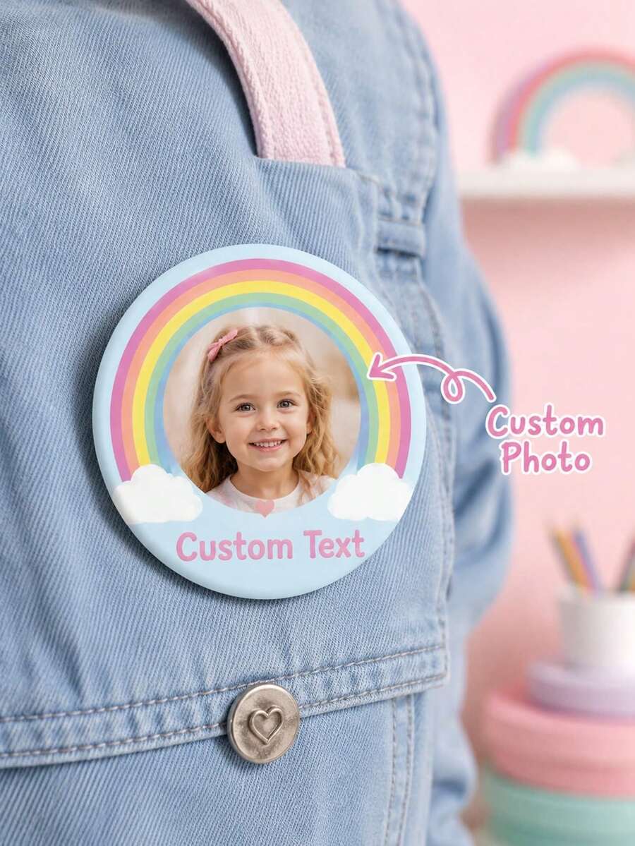 1 pieza Insignia de foto redonda personalizada con texto personalizado, diseño de nube arcoíris pastel, broche de botón de metal para mochila, chaqueta, bolsa escolar, cumpleaños - Multicolor - Ver 1