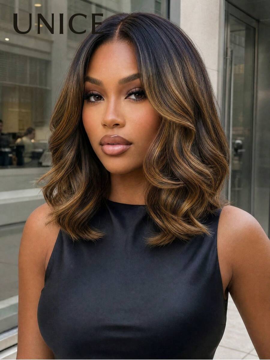 UNice 7x5 Bye Bye Slip™ Lace Brown Gradient Highlighted Big Wave Bob Wig, Invisible Drawstring, Fits All Head Sizes, 150% Density, Pre-Plucked Hairline, Pre-Trimmed, Bleached Knots, Ready To Wear, Suitable For Women Beginners, Quick Wear In Summer