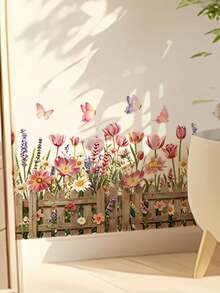 1pc Floral Fence Butterfly Tulip Daisy Lavender Wall Decor Sticker, Removable Room Decoration Wall Decal For Bedroom, Living Room, Entryway - 1PC - View 5