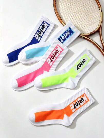 Random 1/2/5 Pairs Women's American Fluorescent Contrast Color Letter Mid-Calf Sports Socks, Klein Blue Pink Green Orange High Street Student Versatile Tennis Slouch Socks, Back To School Street Style Vertical Stripe Letter Patchwork High Elastic Breathable Matching Sports Pants Campus Long Socks, Sports Style Contrast Color Letter Slouch Socks, Multi-Color Fluorescent Color Block Basketball Socks