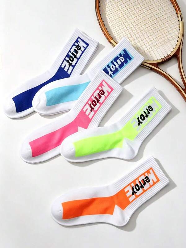 Random 1/2/5 Pairs Women's American Fluorescent Contrast Color Letter Mid-Calf Sports Socks, Klein Blue Pink Green Orange High Street Student Versatile Tennis Slouch Socks, Back To School Street Style Vertical Stripe Letter Patchwork High Elastic Breathable Matching Sports Pants Campus Long Socks, Sports Style Contrast Color Letter Slouch Socks, Multi-Color Fluorescent Color Block Basketball Socks
