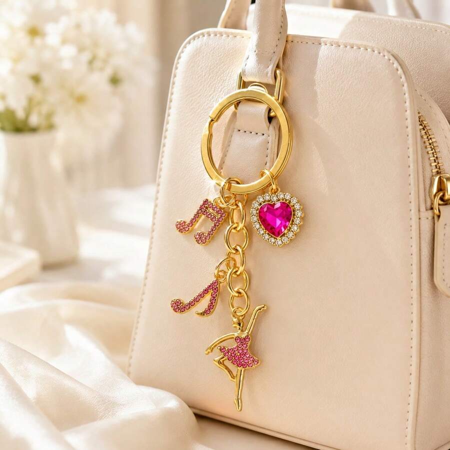 1件女款合金音符芭蕾女孩鑰匙圈,時尚心形鑲嵌吊墜,精緻優雅禮品包飾 - 粉色 - 查看 1