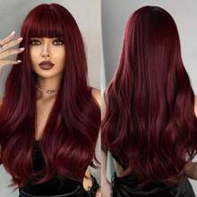 28 Inch Fluffy Wavy Burgundy Red Bangs Wig, Fashionable Voluminous Style, Suitable For All Women For Parties, Outings, Music Festivals And Daily Wear,Halloween - Burgundy - View 1