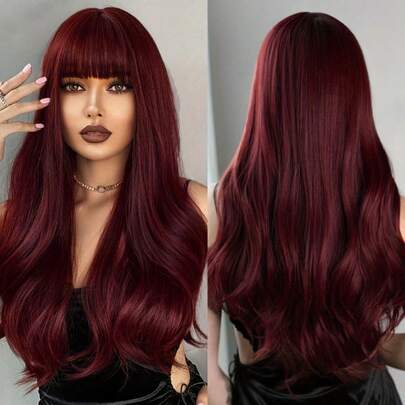28 Inch Fluffy Wavy Burgundy Red Bangs Wig, Fashionable Voluminous Style, Suitable For All Women For Parties, Outings, Music Festivals And Daily Wear,Halloween