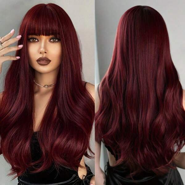 Wig Rambut Bergelombang Keriting Mengembang Warna Burgundy Rose dengan Poni Jala, Gaya Modis dan Bervolume, Cocok untuk Semua Wanita untuk Pesta, Jalan-jalan, Festival Musik, dan Pemakaian Sehari-hari