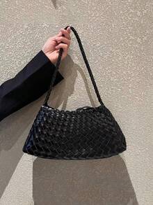 Bolso de hombro de estilo japonés & coreano con diseño de nicho minimalista de moda Ins, textura tejida de gran capacidad versátil para ir al trabajo, uso al aire libre, compras diarias, bolso de axila, bolso baguette, bolso de mano pequeño - Negro - Ver 8