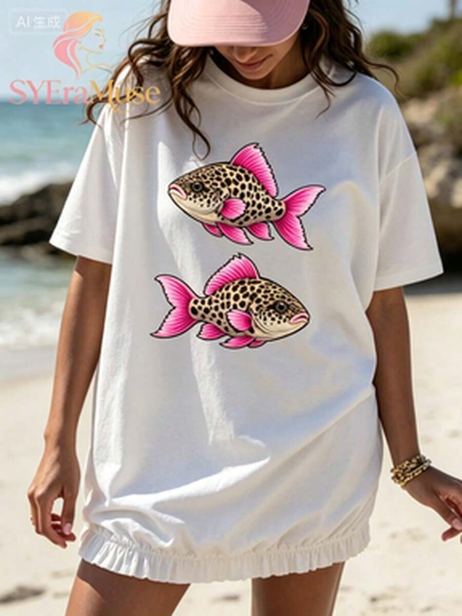 Women's Loose Fit"Leopard Zebra Pattern Fish"Printing T Shirt,Bohemian Lakeside Fishing Summer Aesthetics,Autumn Outfits,Suitable For Concerts,Vacatio - 白色 6 - 查看 1