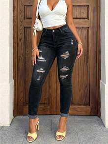 Women's Autumn Slim Fit Butt-Lifting Ripped Skinny Jeans - Black - View 3