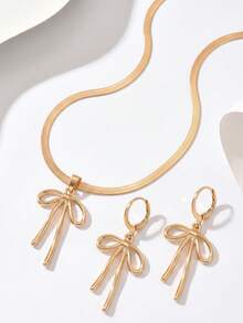 2pcs/Set Autumn/Winter Elegant Bow Necklace & Stud Earrings Jewelry Set For Women, Vintage Bohemian Minimalist French Chic Style, Flat Snake Chain With Bow Pendant, Necklace & Earrings Set, Suitable For Daily Wear, Party, Gathering, Middle Eastern Style, Wedding Season, Gentle Jewelry Set, Holiday Gift - Golden - View 3