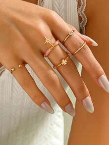 5pcs Fashion Sweet Pink & Orange Beaded Ring Set, Daily Versatile Star Pendant Gold Wire Braided Open Stackable Rings, Suitable For Women's Daily Wear, Outings, Fashion Layering Rings, Perfect For Summer Beach Vacation, Summer Style - Multicolor - View 2