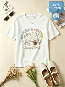 BOOKS & COFFEE Cozy Reading Print Cotton Short Sleeve T-Shirt Library Academic Aesthetic Style Gift - 白色 - 查看 1