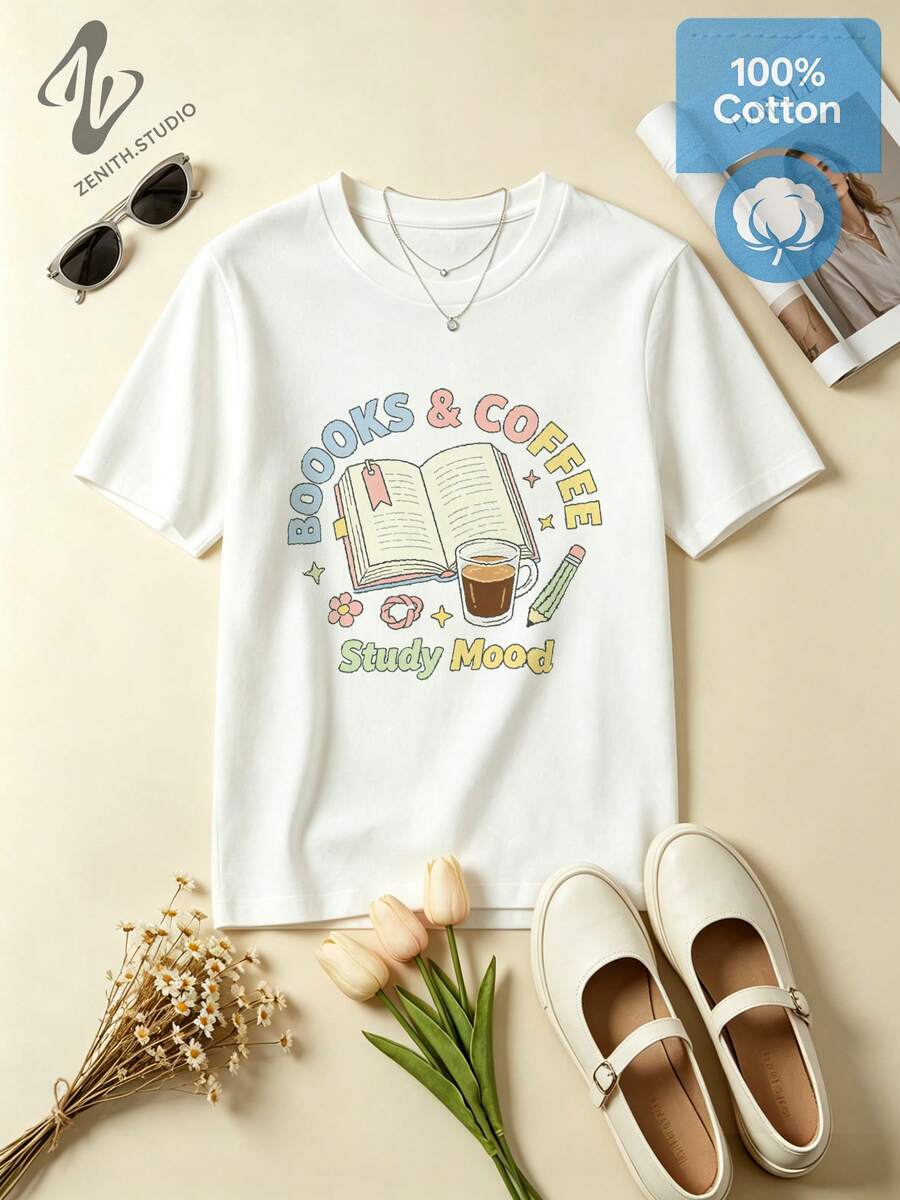 BOOKS & COFFEE Cozy Reading Print Cotton Short Sleeve T-Shirt Library Academic Aesthetic Style Gift - 白色 - 查看 1