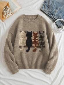 Atasan Rajut Wanita Ukuran Besar, Motif Kucing, Sweater Lengan Panjang Kerah Bulat Potongan Reguler, Pilihan Ideal untuk Musim Gugur - Khaki - View 2