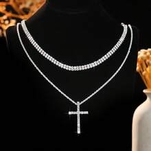 Layered Rhinestone Tennis Cuban Chain Cross Pendant Set, Unisex Shiny Hip Hop Accessory, Suitable For Daily Wear And Nightclub Parties - Silver - View 3