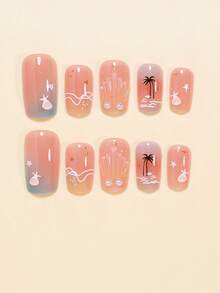 24pcs Medium Square Nail Art Stickers Summer Ocean Style Cute Blue Pink Gradient White Shell Starfish Black Coconut Tree Fashion 3D Striped Pearl White Wave Full Coverage Stiletto Fake Nails With 1pc Jelly Glue And 1pc Mini Nail File, Jelly Glue Randomly Sent - Multicolor - View 3