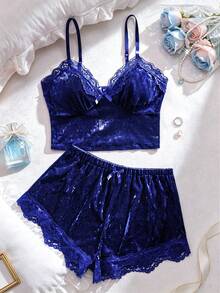 DreamPoppy 2pcs/Set Women's V-Neck Solid Color Pajama Set, Lace Trim V-Neck Halter Top With Waist Shorts, Comfortable Soft Home Sleepwear Set - Royal Blue - View 12