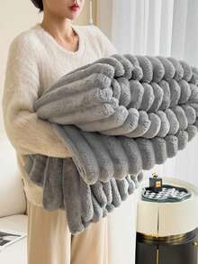 1pc Light Gray Ultra Soft Warm Striped Blanket - Machine Washable Polyester Material, Best Choice For Spring And Autumn, Suitable For All Seasons, Ideal For Sofa And Bed - Light Grey - View 2