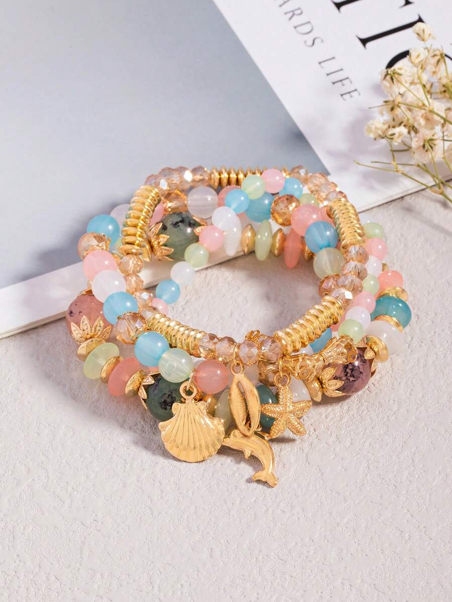 4pcs Ocean Style Cartoon Faux Shell Beaded Bracelets, Bohemian Woven Dolphin & Starfish Faux Shell Bracelets - Multicolor - View 1