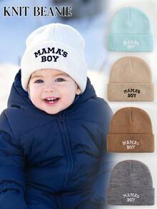 1PC Toddler "MAMA'S BOY" Embroidered Knit Beanie Hat, Foldable Warm Elastic Winter Cap, Cute Daily Outdoor Head Protection Hat - Multicolor - View 1