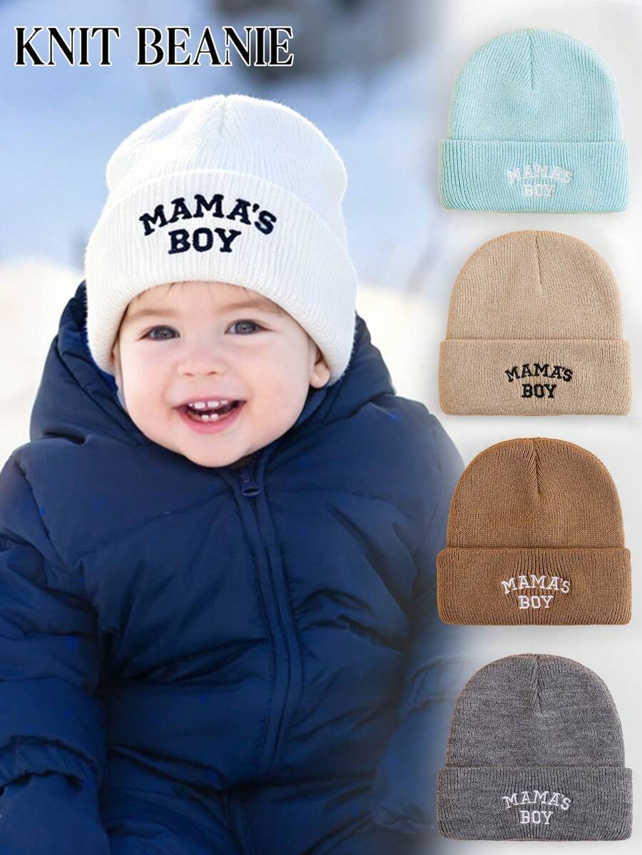 1PC Toddler "MAMA'S BOY" Embroidered Knit Beanie Hat, Foldable Warm Elastic Winter Cap, Cute Daily Outdoor Head Protection Hat - Multicolor - View 1