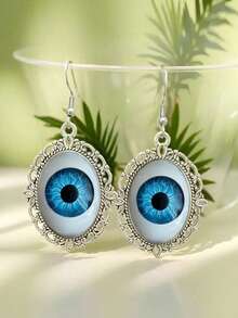 Boucles d'oreilles pendantes vintage en argent antique avec globe oculaire creux, accessoires de bijoux gothiques sorcière horreur Halloween, convient aux femmes et aux filles, style punk bizarre, cadeau - Œil bleu - Voir 6