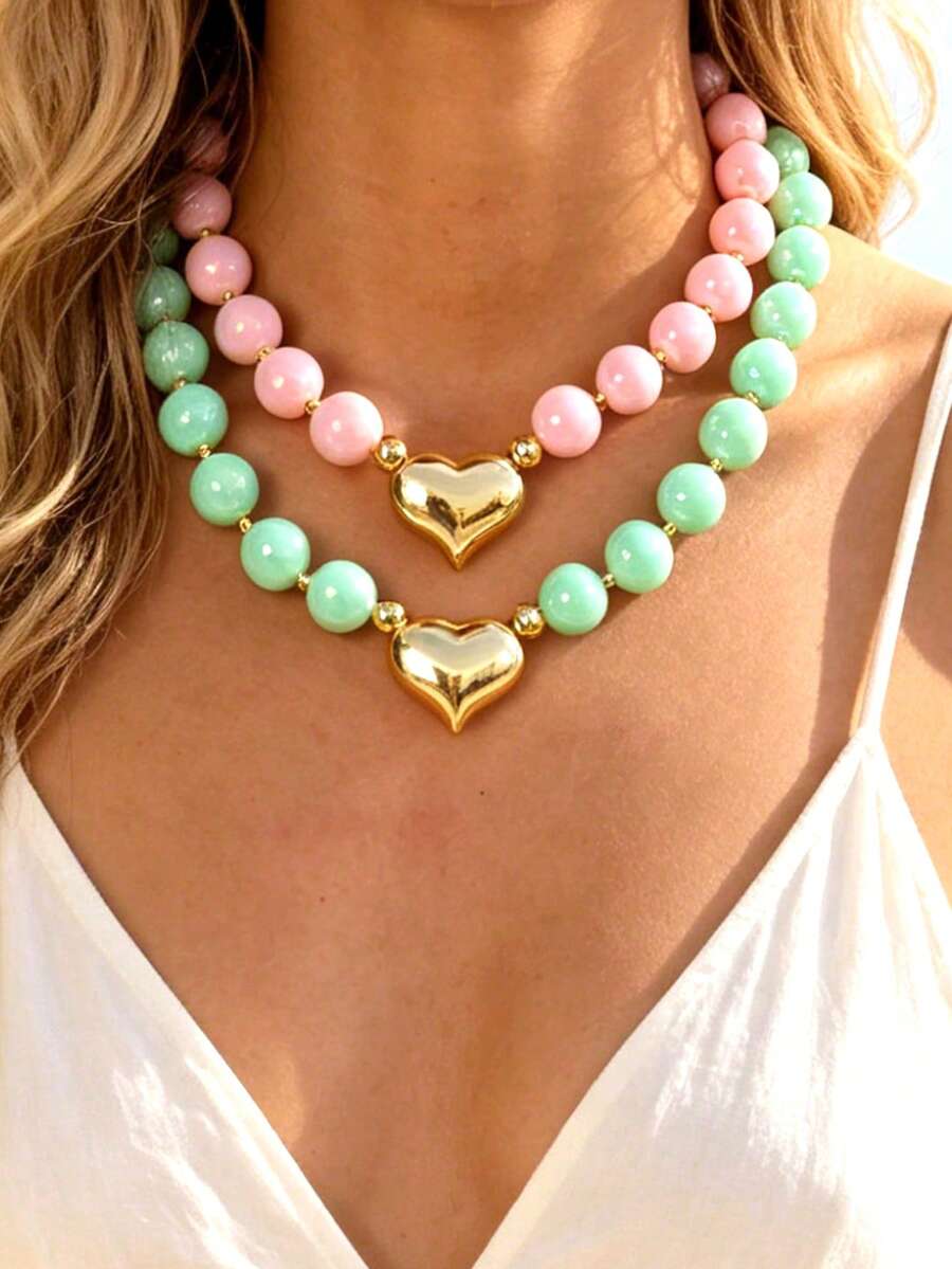 1pc Bohemian Flirty Style Y2K Creative Fashion Elegant Exquisite Gorgeous Simple Luxury Sweet Dopamine Color Beaded Heart Pendant Necklace For Women, Sisters, Couples, Graduation/Prom Jewelry Gift, Suitable For Daily Wear, Dating, Party, Holiday, Summer Beach Vacation, Colorful Jewelry - necklace - View 1