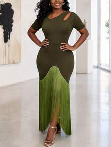 Gaun Bodycon Panjang Sedang AOMEI Wanita Elegan Warna Hijau Zaitun dengan Rumbai, Potongan Bahu Terbuka, Lengan Pendek, dan Belahan di Bagian Bawah, Gaun Pesta Malam untuk Prom - Olive Green - View 3