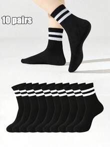 5/10/20 Pasang Kaos Kaki Unisex Bergaris Hitam Lembut dan Nyaman Setinggi Betis, Cocok untuk Pemakaian Sehari-hari - MultiWarna - View 7
