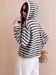 Women's Autumn/Winter Wool Blend Casual Minimalist Vintage Classic Striped Hooded Knit Cardigan Sweater - Oatmeal - View 2