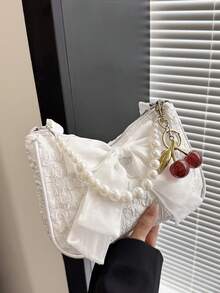 2024新款女款腋下包，歐美風褶皺設計半月形純色單肩斜跨包 - 白色 - 查看 9
