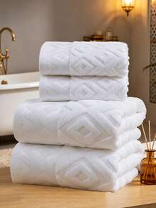 QIBHI 1/2/3pcs Optional, Pure Cotton Jacquard Diamond Grid, Solid Color Elegant, 100% Cotton, Not Thick Fabric, European Style Face Towel/Or Select One Bath Towel, Cotton Terry, Bathroom Towel, Suitable For Bathroom, Back To School, Travel, Home Essentials, Towel, Skin Care - White - View 2