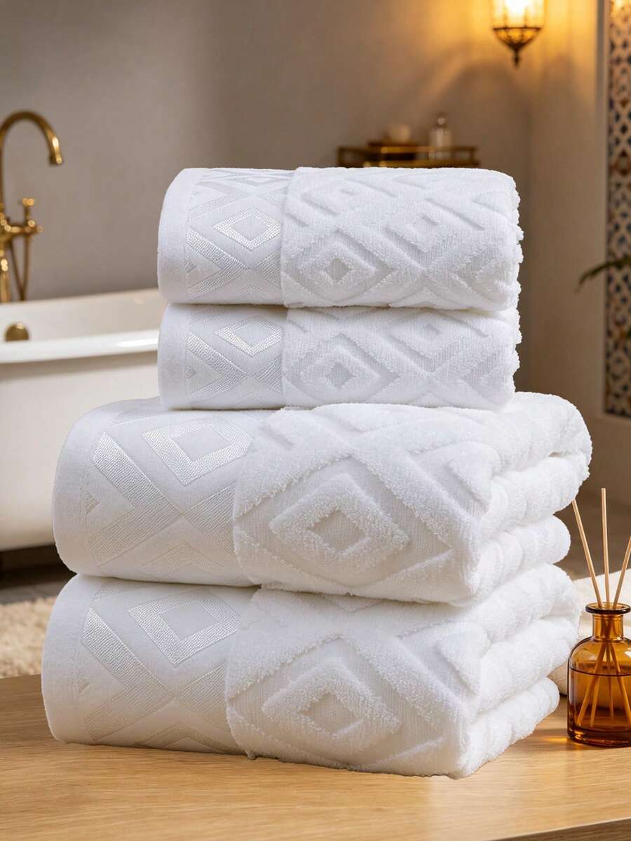 QIBHI 1/2/3pcs Optional, Pure Cotton Jacquard Diamond Grid, Solid Color Elegant, 100% Cotton, Not Thick Fabric, European Style Face Towel/Or Select One Bath Towel, Cotton Terry, Bathroom Towel, Suitable For Bathroom, Back To School, Travel, Home Essentials, Towel, Skin Care