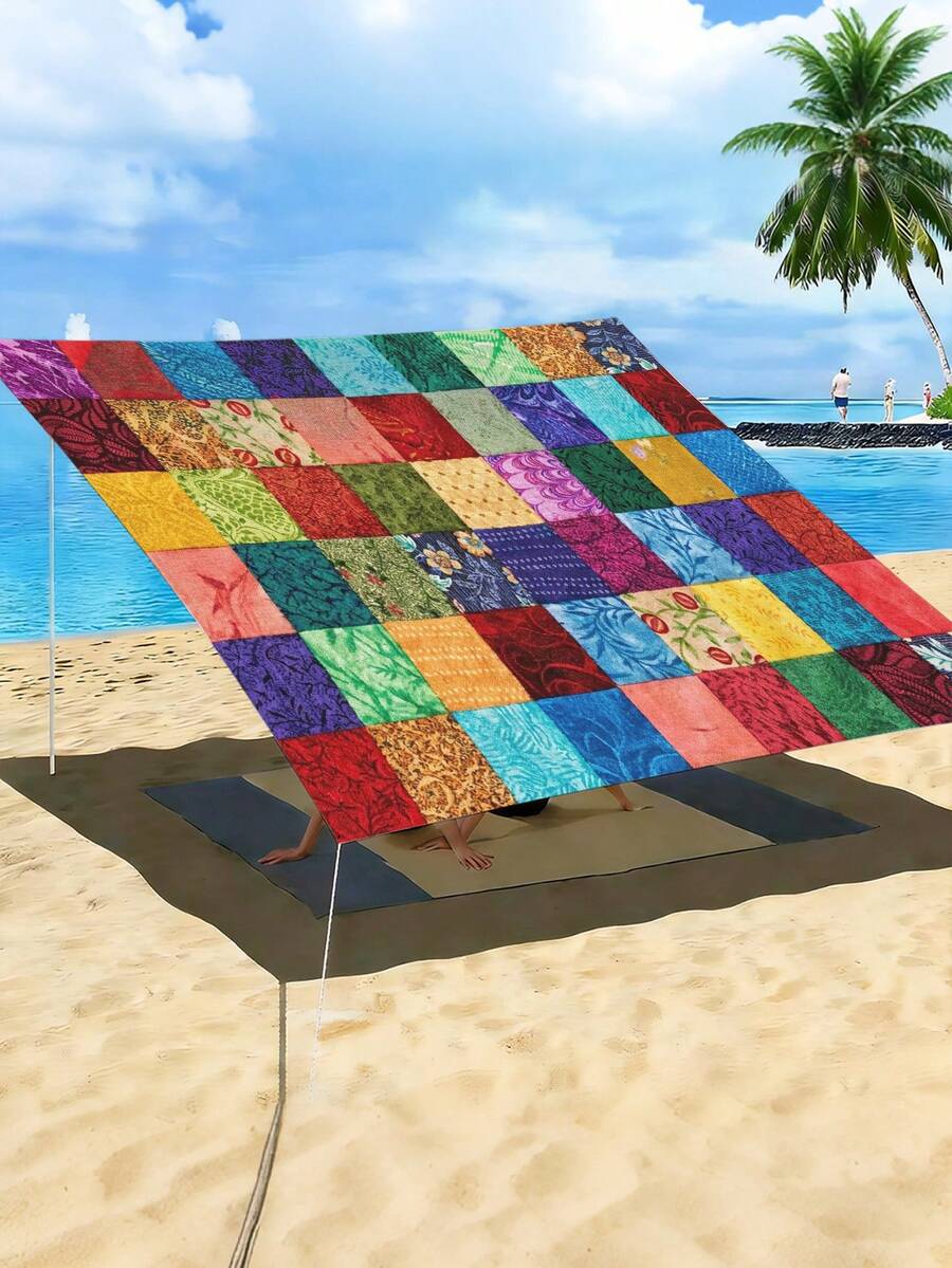 1PC Outdoor Sunshade Canopy With Colorful Checkered Pattern, Outdoor Patio Cover Can Block The Sunlight, Suitable For For Camping Beach Poolside Backyard Gardens Decoration, 2D Flat Printed Pattern, Come With Four Ropes And Nails, No Support Rod - Multicolor - View 1