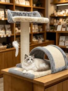 Multi-Functional Cat Tree Tower, Sisal Wrapped Scratching Post, Arch Shape Cat Scratcher Tunnel, Soft Plush Rest Perch Platform With Hanging Mouse Feather Toy, Indoor Furniture For Small Medium Cats Kittens - Multicolor - View 11