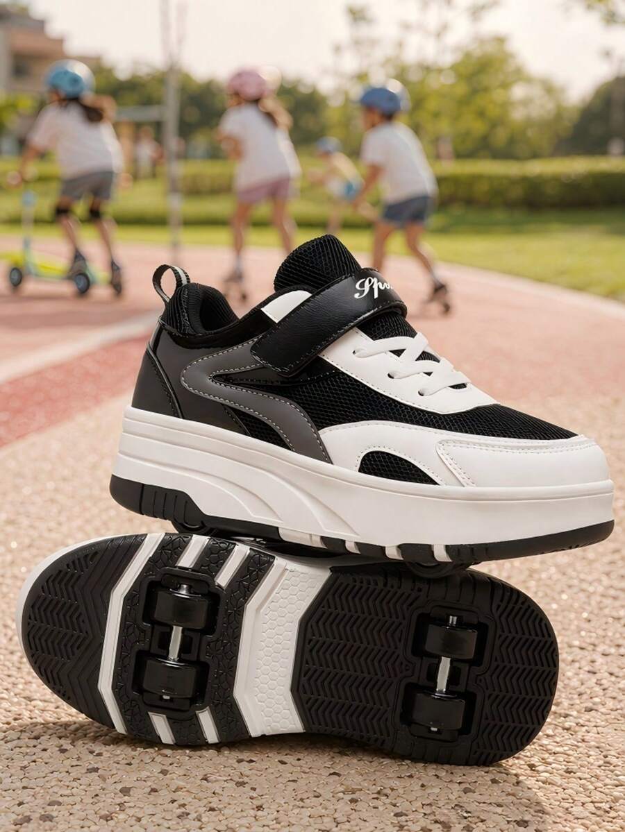 1 Paar Kinder Magic Hook Design 4-Räder Rollschuhe, abnehmbare Dual-Use dicke Sohle Low-Top Mesh süße Sport Rollschuhe, Kindergeschenk - Schwarz und Weiss - Übersicht 1