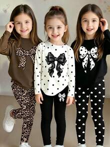 Random 6pcs/Set Girls Casual Fashion Cute Bow, Polka Dot, Heart, Leopard Print Long Sleeve And Tight Fit Set, School, Back To School Comfortable Daily Wear - Multicolor - View 7