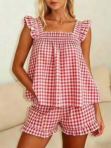 Women Summer Pajama Set Solid Flying Sleeve Tank Tops And Ruffle Shorts 2 Piece Casual Lounge Outfit - Red - View 3