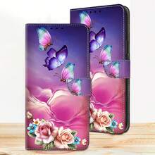 GLANDOTU 花卉蝴蝶圖案 PU 皮革防震手機殼，附卡槽與磁吸扣設計，適用多款手機品牌與機型，防水、防摔、防刮，全包覆設計 - 彩色 - 查看 1