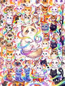 50Pcs Rainbow Cat Healing Decor Stickers, Hand-Drawn Illustrations Of Gradient Neon Cats, Rainbow Tails, Star Glitter And Cute Kittens, For Journal, Water Bottle, Luggage, Spring Picnic DIY Decor - Multicolor - View 2