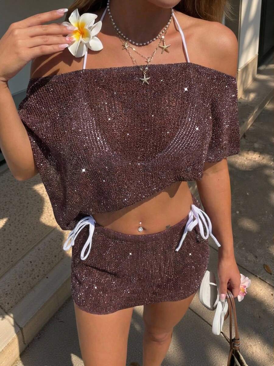 女士休闲性感可爱Y2K风亮片短款针织单肩上衣搭配披肩裙两件套沙滩度假装春季套装 - 棕色 - 查看 1