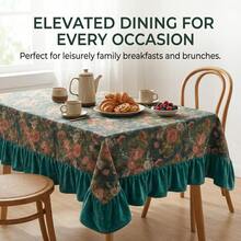 1pc Dark Green Vintage Rose Jacquard Tablecloth With Dark Green Ruffle Edge, Lightweight Luxury Vintage Style Jacquard Fabric, Rectangular Shape, Dark Green Ruffle Edge Splicing Detail Decoration, Functional Home Long Tablecloth Suitable For Family Breakfast, Brunch And Daily Dining Scenes - Green - View 1