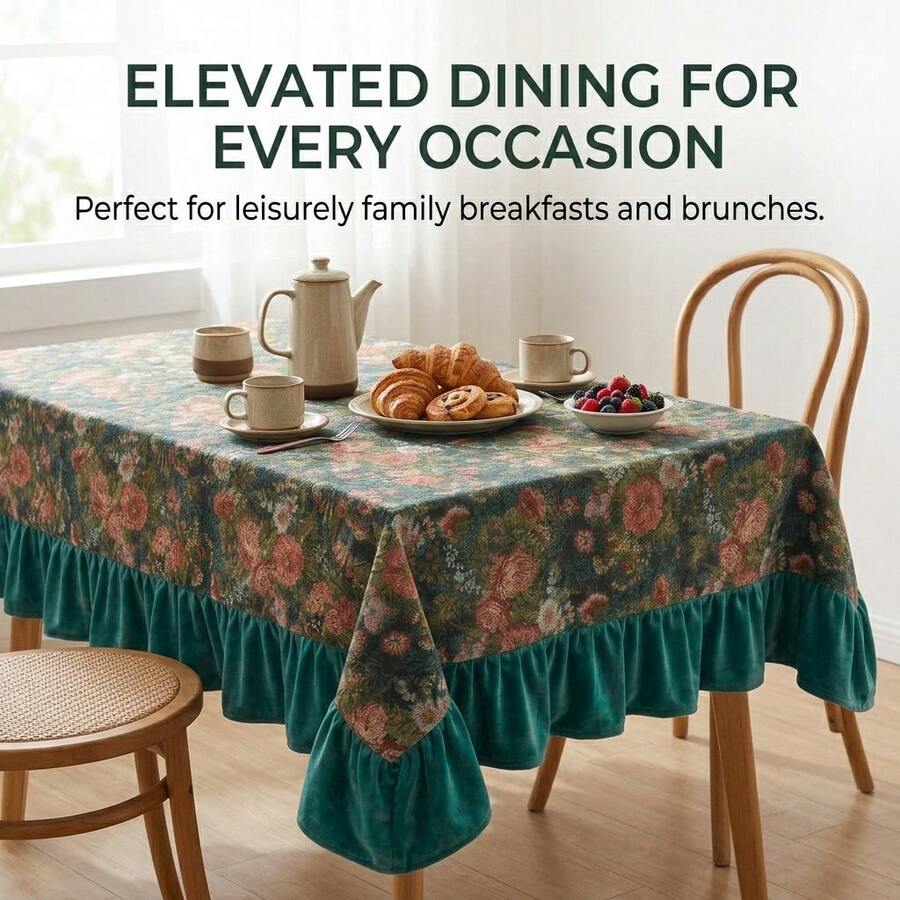 1pc Dark Green Vintage Rose Jacquard Tablecloth With Dark Green Ruffle Edge, Lightweight Luxury Vintage Style Jacquard Fabric, Rectangular Shape, Dark Green Ruffle Edge Splicing Detail Decoration, Functional Home Long Tablecloth Suitable For Family Breakfast, Brunch And Daily Dining Scenes - Green - View 1