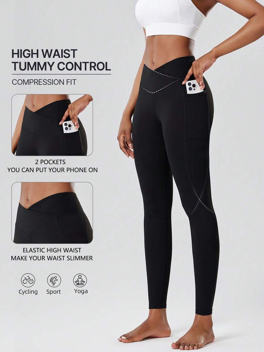 Women's High-Waisted Side Pocket Crossover Waist Leggings, Solid Color Elastic Compression Tight Pants For Spring, Summer, Autumn, Home Leisure Sports - Black - View 1