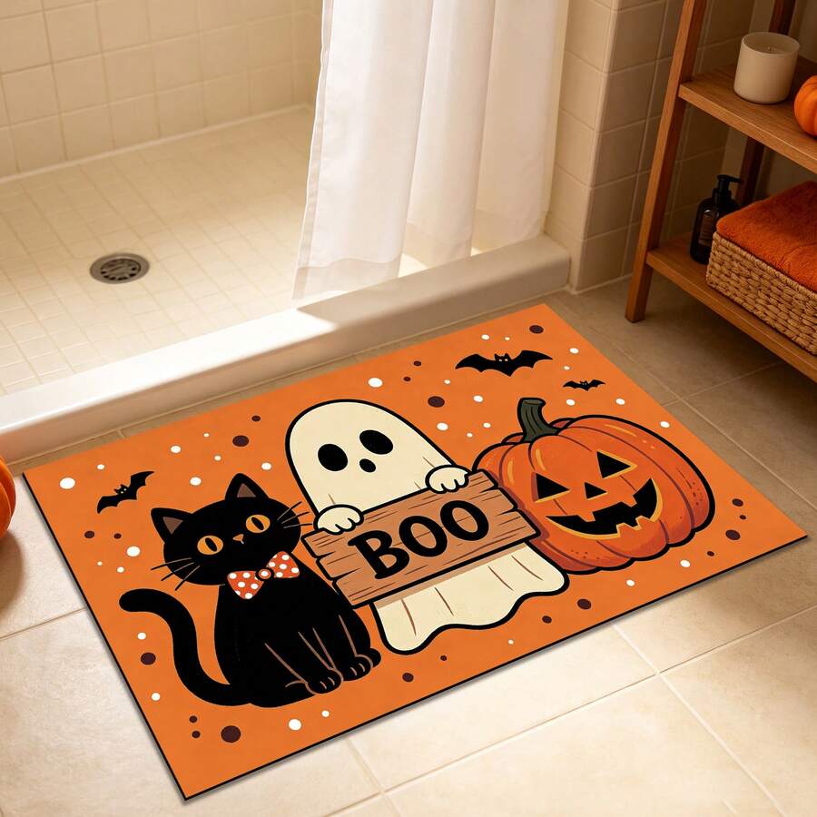 1件浴室地墊，萬聖節主題幽靈貓「BOO」南瓜印花地板墊，增添節慶俏皮氛圍，適用於浴室、臥室、玄關、洗衣房，親膚足感，易清潔，簡約優雅配色，輕鬆融入各種家居裝飾風格 - 亮橙色 - 查看 1