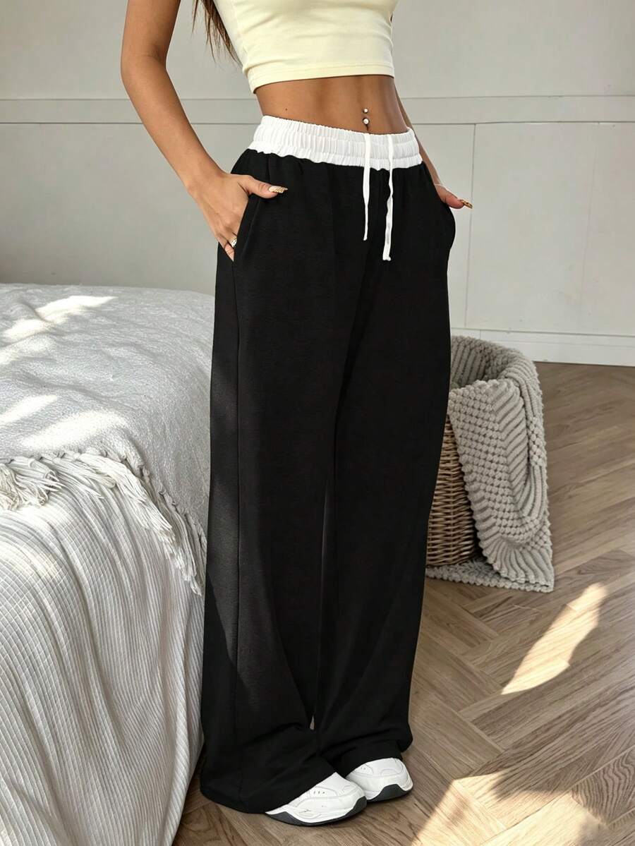Women's Colorblock Waist Design Elastic Band Pocket Loose Jogger Pants Black - Black - View 1