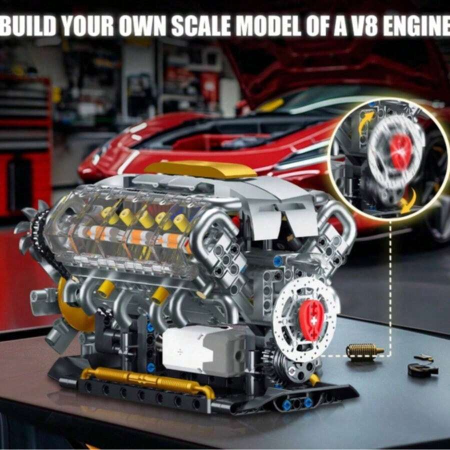 1pc-Creative Supercar V8 Engine Building Blocks Toy, V8 Engine Model Assembly Toy, Self-Buildable MOC Mini V8 Engine Model Toy, Adult STEM Building Project, Physical Science Educational Toy, Desktop Display Model, Birthday Gift - Multicolor - View 1