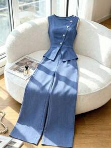 Conjunto de 2 piezas de blusa y pantalones de pierna ancha para mujer, elegante para fiestas de verano, cuello redondo con cuello oblicuo, bo - Azul - Ver 7