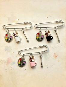  1pcArtist Paint Palette Brush Safety Pin Brooch Art Student Bag Charm - Multicolor - View 1